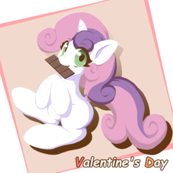 Size: 2000x2000 | Tagged: safe, artist:ragurimo, sweetie belle, pony, unicorn, g4, chocolate bar, cute, diasweetes, female, filly, high res, holiday, solo, valentine, valentine's day