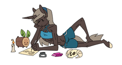 Size: 839x449 | Tagged: safe, artist:redxbacon, oc, oc only, oc:parch well, unicorn, anthro, unguligrade anthro, candle, clothes, female, mare, shorts, simple background, skull, solo, tank top, writing