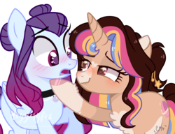 Size: 2037x1562 | Tagged: safe, artist:iheyyasyfox, artist:mint-light, artist:moon-rose-rosie, oc, oc only, oc:bianca, oc:melanie (moon-rose-rosie), pegasus, pony, unicorn, base used, blush lines, blushing, brown eyes, chest fluff, coat markings, collaboration, colored hooves, duo, facial markings, female, folded wings, gradient mane, hoof polish, horn, lidded eyes, lightly watermarked, mare, pale belly, ponysona, snip (coat marking), socks (coat markings), star (coat marking), unicorn oc, watermark, wavy mouth, wings