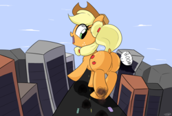 Size: 3496x2362 | Tagged: safe, artist:taurson, applejack, earth pony, pony, g4, building, butt, city, cowboy hat, cute, destruction, dock, female, freckles, frog (hoof), giant pony, happy, hat, high res, jackabetes, looking back, macro, mare, onomatopoeia, open mouth, plot, stetson, stomping, street, underhoof