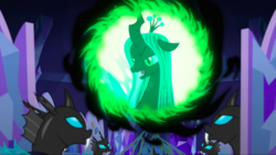 Size: 1440x811 | Tagged: safe, screencap, queen chrysalis, changeling, changeling queen, g4, to where and back again, female, magic