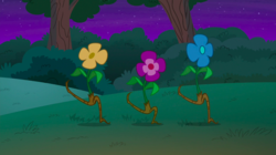 Size: 1440x809 | Tagged: safe, screencap, pony, g4, to where and back again, dancing, flower, plant, trio