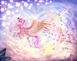 Size: 2500x2000 | Tagged: safe, artist:alissa1010, fluttershy, butterfly, pegasus, pony, g4, cheek fluff, chest fluff, cute, ear fluff, female, high res, large wings, mare, profile, shyabetes, solo, spread wings, unshorn fetlocks, wings