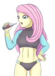 Size: 2480x3425 | Tagged: safe, artist:sumin6301, fluttershy, equestria girls, g4, my little pony equestria girls: better together, abs, belly button, bikini, bottle, breasts, busty fluttershy, clothes, drink, female, hand on hip, high res, midriff, open mouth, simple background, solo, swimsuit, white background