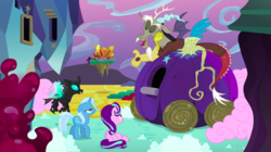 Size: 1440x809 | Tagged: safe, screencap, discord, starlight glimmer, thorax, trixie, changeling, draconequus, pony, unicorn, g4, to where and back again, chaos, cotton candy, crystal, eyes closed, female, floating island, group, male, mare, pumpkin, pumpkin carriage, purple sky, quartet, reformed four, soap, soap roads, suds