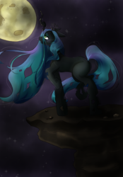 Size: 2500x3600 | Tagged: safe, artist:cyberchowww, queen chrysalis, changeling, changeling queen, g4, emotional, female, high res, moon, night, queen, raised hoof, solo, stars