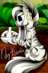 Size: 2141x3233 | Tagged: safe, artist:ruiont, oc, oc only, oc:nag kalmte, pony, zebra, fallout equestria, cutie mark, ear piercing, earring, fanfic, fanfic art, female, high res, hooves, jewelry, mare, piercing, sitting, solo, zebra oc