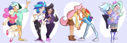 Size: 3200x1100 | Tagged: safe, artist:mikkybe, bon bon, cloudchaser, dj pon-3, flitter, fluttershy, lyra heartstrings, octavia melody, rainbow dash, sweetie drops, vinyl scratch, human, g4, boots, carrying, converse, female, holding hands, humanized, lesbian, ship:flutterdash, ship:lyrabon, ship:scratchtavia, shipping, shoes