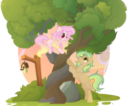 Size: 3176x2640 | Tagged: safe, artist:rainbows-skies, oc, oc only, oc:golden, oc:rose breeze, earth pony, pegasus, pony, bird house, female, high res, intertwined trees, male, mare, rock, stallion, tree