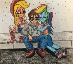Size: 2964x2608 | Tagged: safe, artist:bozzerkazooers, applejack, rainbow dash, oc, oc:stewart gary, equestria girls, g4, my little pony equestria girls: better together, street chic, clothes, comfort, comforting, converse, crying, high res, hug, shoes, sitting, smiling, snow, sweater, trio