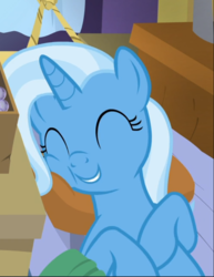 Size: 649x842 | Tagged: safe, screencap, trixie, pony, unicorn, g4, road to friendship, cheek squish, cropped, cute, diatrixes, eyes closed, female, lying on bed, smiling, solo, squishy cheeks