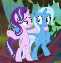 Size: 899x934 | Tagged: safe, screencap, starlight glimmer, trixie, pony, unicorn, g4, road to friendship, bipedal, cropped, duo, duo female, female, for nine at least, hoof around neck, hooves on hips, lidded eyes, looking at each other, smiling, we're friendship bound