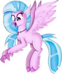 Size: 2210x2616 | Tagged: safe, artist:n0kkun, silverstream, classical hippogriff, hippogriff, g4, cute, diastreamies, female, flying, high res, jewelry, necklace, open mouth, simple background, solo, spread wings, transparent background, wings