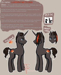 Size: 3462x4287 | Tagged: safe, artist:firelorda2, oc, oc:lord infernal cinders, pony, unicorn, black, cutie mark, fire, red, reference sheet