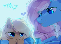 Size: 1690x1229 | Tagged: safe, artist:hakkerman, oc, oc only, oc:liu, oc:mirta whoowlms, pony, heart, looking at each other