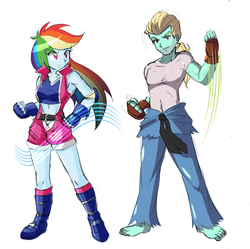 Size: 2936x2922 | Tagged: safe, artist:danmakuman, edit, rainbow dash, zephyr breeze, human, equestria girls, g4, armpits, asuka kazama, clothes, costume, feet, female, fighting stance, high res, male, martial arts, paul phoenix, simple background, street fighter, tekken, white background