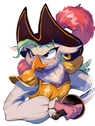 Size: 960x1280 | Tagged: safe, artist:crazy-bc, captain celaeno, parrot pirates, anthro, g4, my little pony: the movie, armor, armpits, beauty mark, bust, ear piercing, earring, female, hat, jewelry, piercing, pirate, pirate hat, simple background, solo, sword, weapon, white background