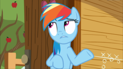 Size: 1668x938 | Tagged: safe, screencap, rainbow dash, pegasus, pony, g4, the washouts (episode), female, leaning, mare, nonchalant, raised hoof, solo, underhoof