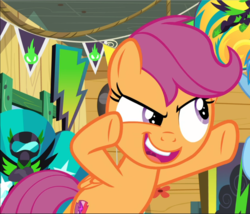 Size: 1098x940 | Tagged: safe, screencap, scootaloo, pegasus, pony, g4, the washouts (episode), cropped, cute, cutealoo, cutie mark, female, filly, open mouth, pose, raised hoof, solo focus, the cmc's cutie marks
