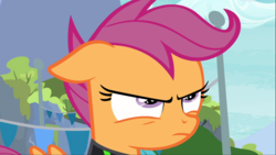 Size: 1667x937 | Tagged: safe, screencap, scootaloo, pegasus, pony, g4, the washouts (episode), close-up, clothes, female, filly, foal, glare, scootaloo is not amused, scowl, solo, stern, unamused, uniform, washouts uniform