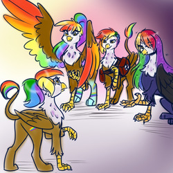 Size: 1280x1280 | Tagged: safe, alternate version, artist:jitterbugjive, oc, oc:rainbow feather, griffon, alternate clothes, alternate timeline, bag, colored wings, hairstyle, interspecies offspring, magical lesbian spawn, medic, multicolored wings, multiple variants, offspring, parent:gilda, parent:rainbow dash, parents:gildash, rainbow hair, rainbow power, rainbow power-ified, rainbow wings, tumblr, wings