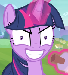Size: 693x767 | Tagged: safe, screencap, twilight sparkle, alicorn, pony, g4, interseason shorts, starlight the hypnotist, >:d, cropped, evil smile, female, glowing, glowing horn, grin, horn, hypnosis, hypnotized, looking at you, magic, magic aura, mare, smiling, smiling at you, solo, teeth, telekinesis, twilight snapple, twilight sparkle (alicorn)