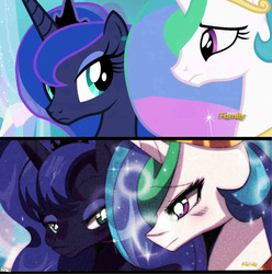 Size: 1011x1018 | Tagged: safe, artist:rakikubit, screencap, princess celestia, princess luna, pony, g4, the crystalling, scene interpretation, thinking