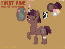 Size: 2048x1536 | Tagged: safe, artist:colorcodetheartist, oc, oc only, oc:twist vine, pony, unicorn, bandage, brown background, female, magical lesbian spawn, mare, messy mane, multicolored hair, next generation, offspring, parent:daring do, parent:tempest shadow, parents:daringshadow, reference sheet, simple background