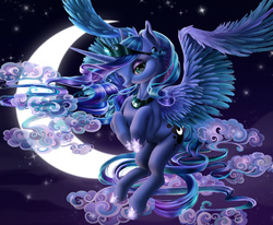 Size: 3112x2566 | Tagged: safe, artist:childishcrreator, princess luna, alicorn, pony, g4, cloud, crescent moon, female, flying, high res, hoof shoes, moon, night, ombre hair, solo, stars
