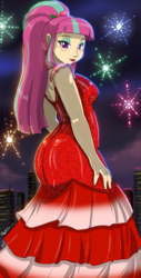 Size: 1920x3784 | Tagged: safe, artist:shonuff44, sour sweet, equestria girls, equestria girls specials, g4, my little pony equestria girls: dance magic, ass, bedroom eyes, breasts, busty sour sweet, butt, clothes, dress, female, fireworks, freckles, lipstick, looking at you, looking back, looking back at you, ponytail, red dress, red lipstick, sexy, smiling, solo, sour seat, stupid sexy sour sweet