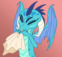 Size: 448x412 | Tagged: safe, artist:seekrits, princess ember, dragon, g4, dragon lord ember, dragoness, female, handkerchief, nose blowing, pink background, simple background, tissue