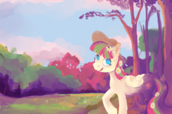 Size: 1280x853 | Tagged: safe, artist:spectralunicorn, blossomforth, bee, pegasus, pony, g4, adoraforth, cute, female, flower, flower in hair, flower in tail, hat, no pupils, scenery, solo