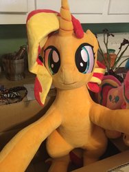 Size: 768x1024 | Tagged: dead source, safe, artist:nekokevin, sunset shimmer, pony, unicorn, g4, female, irl, looking at you, mare, photo, plushie, sitting, smiling, solo