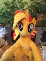 Size: 768x1024 | Tagged: dead source, safe, artist:nekokevin, sunset shimmer, pony, unicorn, g4, female, irl, looking at you, mare, photo, plushie, sitting, smiling, solo