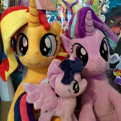 Size: 2048x2048 | Tagged: dead source, safe, artist:nekokevin, starlight glimmer, sunset shimmer, twilight sparkle, alicorn, pony, unicorn, series:nekokevin's glimmy, g4, female, high res, irl, looking at you, mare, photo, plushie, sitting, size difference, smiling, starlight's little twibird, twilight sparkle (alicorn)