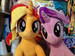 Size: 2048x1536 | Tagged: dead source, safe, artist:nekokevin, starlight glimmer, sunset shimmer, pony, unicorn, series:nekokevin's glimmy, g4, duo, female, irl, looking at you, mare, photo, plushie, sitting, smiling