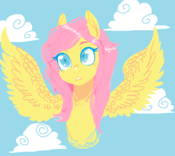 Size: 860x768 | Tagged: safe, artist:squishysquids, fluttershy, pegasus, pony, g4, bust, cloud, colored pupils, cute, female, mare, portrait, shyabetes, sky, solo, spread wings, wings