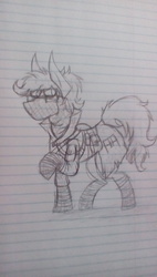 Size: 1088x1920 | Tagged: safe, artist:homicidal doktor, oc, oc only, oc:duck witz, pony, bags, clothes, coat, glasses, leg wraps, lined paper, scarf, solo, traditional art