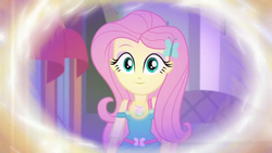 Size: 1920x1080 | Tagged: safe, screencap, fluttershy, equestria girls, g4, my little pony equestria girls: better together, overpowered (equestria girls), clothes, cute, dress, female, geode of fauna, looking at you, magical geodes, shyabetes, solo