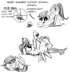 Size: 2000x2047 | Tagged: safe, artist:chopsticks, oc, oc only, oc:chopsticks, pegasus, pony, behaving like a cat, clothes, dialogue, food, hat, high res, lying down, male, monochrome, rice, silly, simple background, sketch, sleeping, solo, text, white background