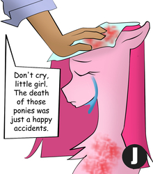 Size: 1351x1536 | Tagged: safe, pinkie pie, crystal pony, human, pony, g4, blood, bob ross, clothes, colored, comic, crying, dark skin, dialogue, edgy, grammar error, lineart, meme, one-panel comic, pinkamena diane pie, shirt