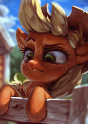 Size: 850x1200 | Tagged: safe, artist:assasinmonkey, applejack, earth pony, pony, g4, applejack is best facemaker, bust, cowboy hat, cute, digital painting, female, fence, freckles, hat, hoof freckles, jackabetes, mare, portrait, raised eyebrow, solo, stetson, what in tarnation
