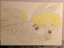 Size: 4032x3024 | Tagged: safe, derpy hooves, pony, g4, colored pencil drawing, derp, eye, eyes, ground, hooves, traditional art, wings