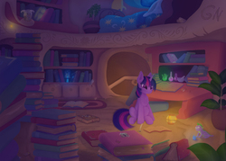 Size: 2100x1500 | Tagged: safe, artist:gouransion, owlowiscious, spike, twilight sparkle, owl, pony, unicorn, bed, book, bookshelf, chest fluff, female, flask, golden oaks library, helmet, horned helmet, inkwell, lantern, library, mare, mousetrap, night, pepe the frog, poison joke, quill, scroll, spider web, viking helmet