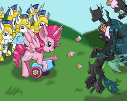 Size: 1000x800 | Tagged: safe, artist:artistathefilly, pinkie pie, queen chrysalis, alicorn, changeling, changeling queen, pony, g4, alicornified, cupcake, female, fight, flag, food, party cannon, pinkiecorn, race swap, royal guard, xk-class end-of-the-world scenario