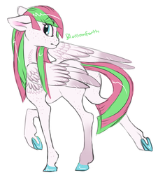 Size: 671x743 | Tagged: safe, artist:pastelmemer, blossomforth, pegasus, pony, g4, body freckles, eyebrows, eyebrows visible through hair, female, floppy ears, freckles, hooves, mare, raised hoof, simple background, solo, white background