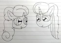 Size: 3731x2646 | Tagged: safe, artist:徐詩珮, oc, oc only, oc:betty pop, oc:ehenk berrytwist, pony, unicorn, bust, duo, female, filly, high res, lineart, lined paper, magical lesbian spawn, mare, monochrome, next generation, offspring, parent:glitter drops, parent:tempest shadow, parents:glittershadow, siblings, sisters, traditional art