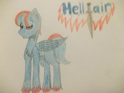 Size: 3648x2736 | Tagged: safe, oc, oc:hellfire, pegasus, pony, alias, blue fur, cute, high res, male, red eyes, stallion, sword, traditional art, weapon