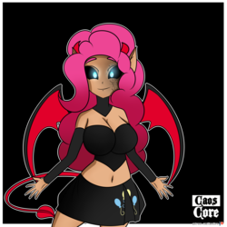 Size: 4000x4000 | Tagged: safe, artist:caoscore, pinkie pie, demon, human, g4, belly button, breasts, cleavage, clothes, costume, female, humanized, light skin, midriff, miniskirt, pleated skirt, skirt, smiling, smirk, solo, wings