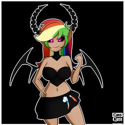 Size: 4000x4000 | Tagged: safe, artist:caoscore, rainbow dash, demon, human, g4, belly button, breasts, cleavage, clothes, costume, female, humanized, light skin, midriff, miniskirt, pleated skirt, skirt, smiling, smirk, solo, wings